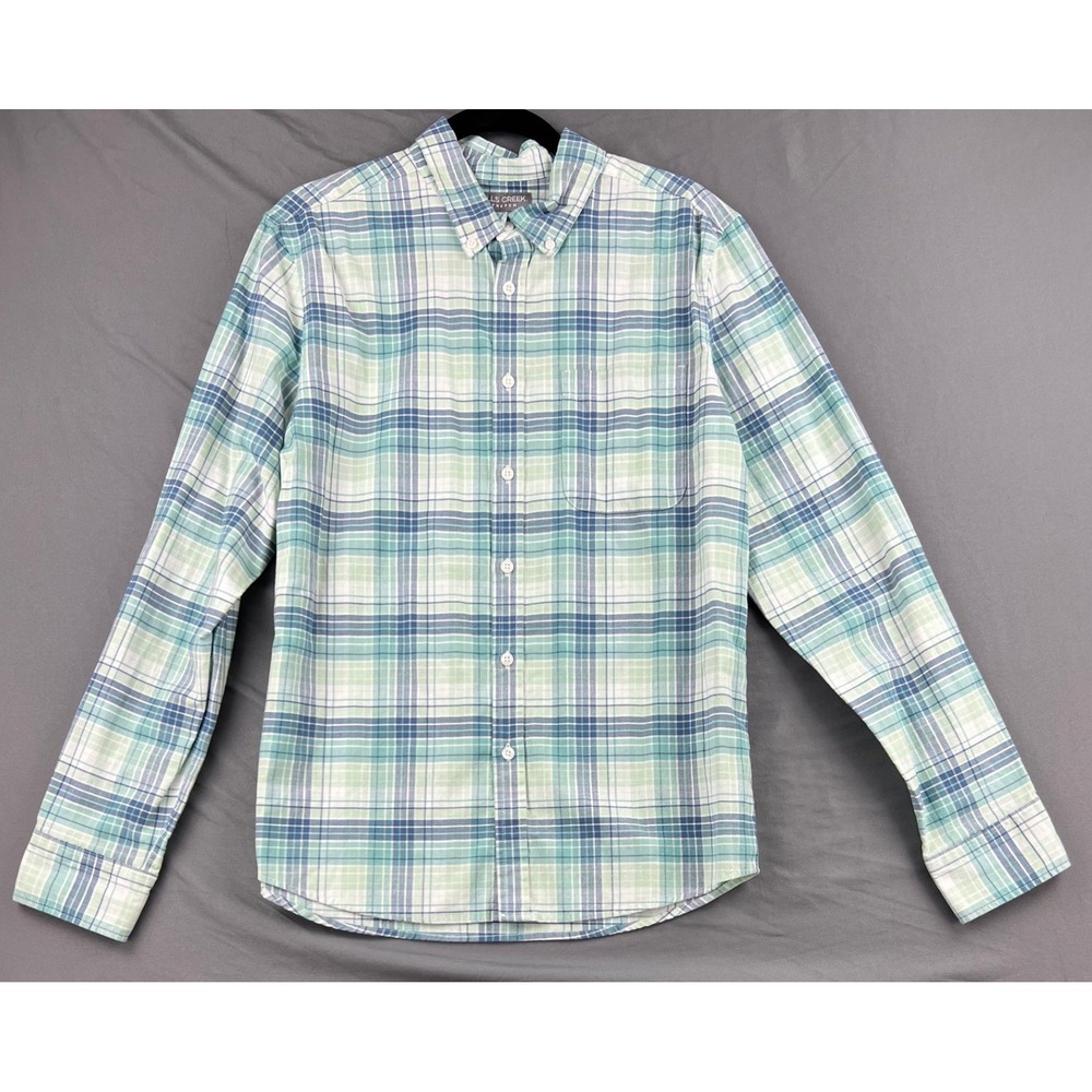Falls Creek Shirt Men Medium No Tuck Stretch Green Blue Plaid Long Sleeve Button